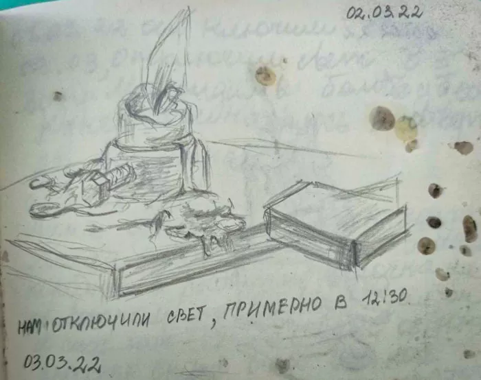 “The electricity went down roughly at 12:30. 3 March 2022” – a page from the girl’s diary, which she kept in the bomb shelter in Mariupol. Courtesy of Natalia Yavorska ~