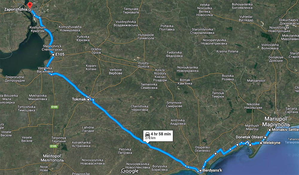 The approximate route taken by the first evacuees from besieged Mariupol according to Maya’s story. ~