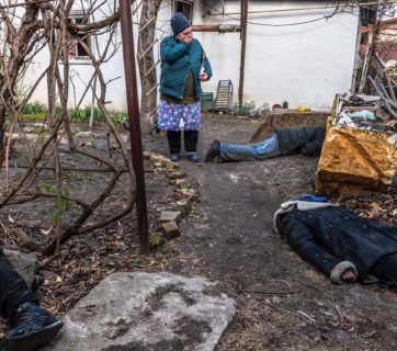 Corpses of civilian residents of a town near Kyiv killed and left on the ground by Russian troops. Bucha, Ukraine, April 5, 2022. Russo-Ukrainian War. Source: Dattalion