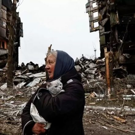 APR06 Borodianka Kyiv region The city destroyed by Russian troops woman cat