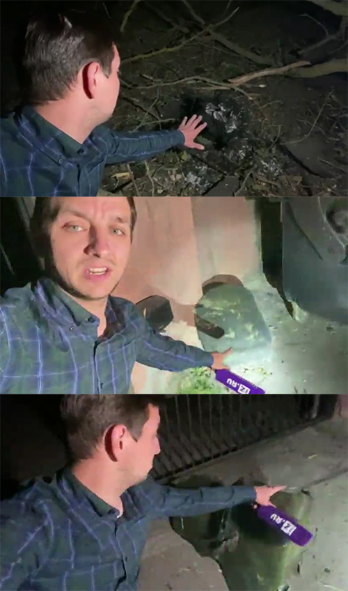 Russian journalist of Izvestia showing what he claims to be remnants of a Tochka-U missile allegedly minutes after the explosion in central Kherson on 27 April 2022. Source. ~