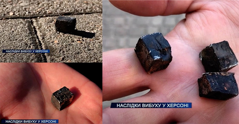 Striking elements found in central Kherson after the powerful explosion overnight into 28 April. Screenshots: Youtube/Телеканал ВТВ плюс ~