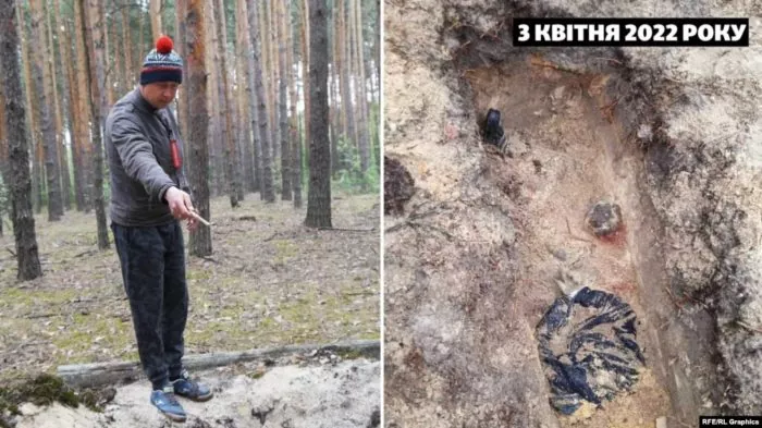 Left: Zdvizhivka resident Ihor shows a trench dug by Russian soldiers, where he saw part of a leg sticking out from the sand on 15 March; right: photo of the same trench taken on 3 April (you can see part of Viktor Balay’s leg above and Pavlo Kholodenko’s hands tied behind his back). Photo: courtesy of Zdvizhivka villagers (RFE/RL Graphics) ~