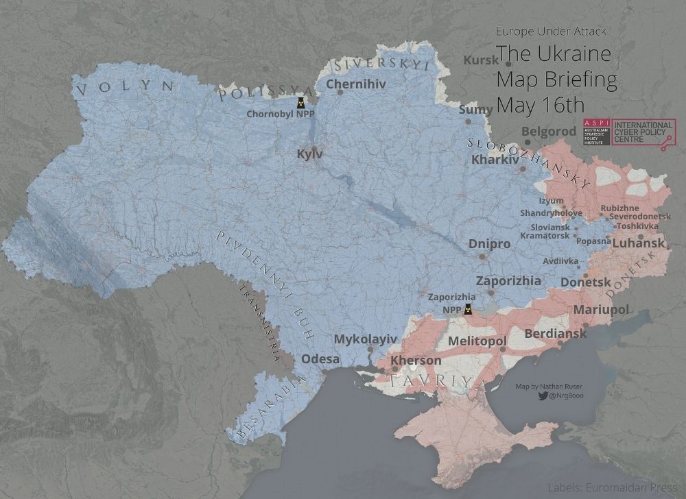Map 16 May 2022: Evacuation of wounded Azovstal defenders begins from Mariupol as Ukraine reaches the state border north of Kharkiv, while Russia continued unsuccessful operations in the Donbas.