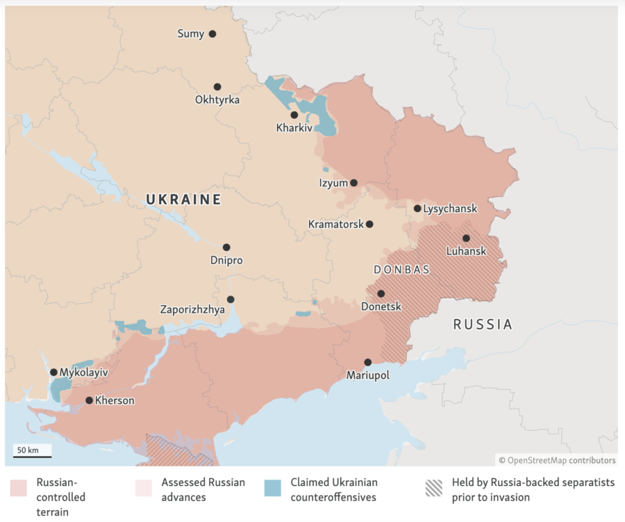 State of the advance of Russian forces in eastern Ukraine as of May 25. Map: RFE/RL, source: Institute for the Study of War, Liveuamap ~