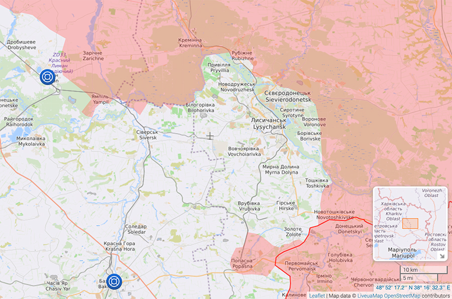 Situation in Luhansk Oblast as of 13 May 2022. Pink: Russian-occupied areas. The areas of Bilohorivka and Popasna are the closest points to attempt a pincer manoeuver to pocket the Ukrainian troops in Luhansk Oblast. ~