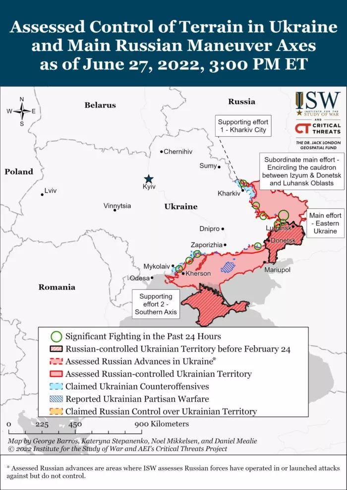 Assessed Control of Terrain in Ukrain and Main Russian Maneuver Axes as of June 27, 2022. Credit: ISW. ~