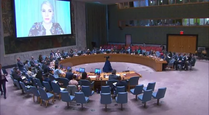 Tsybulska speaking at the UNSC event. Courtesy photo ~