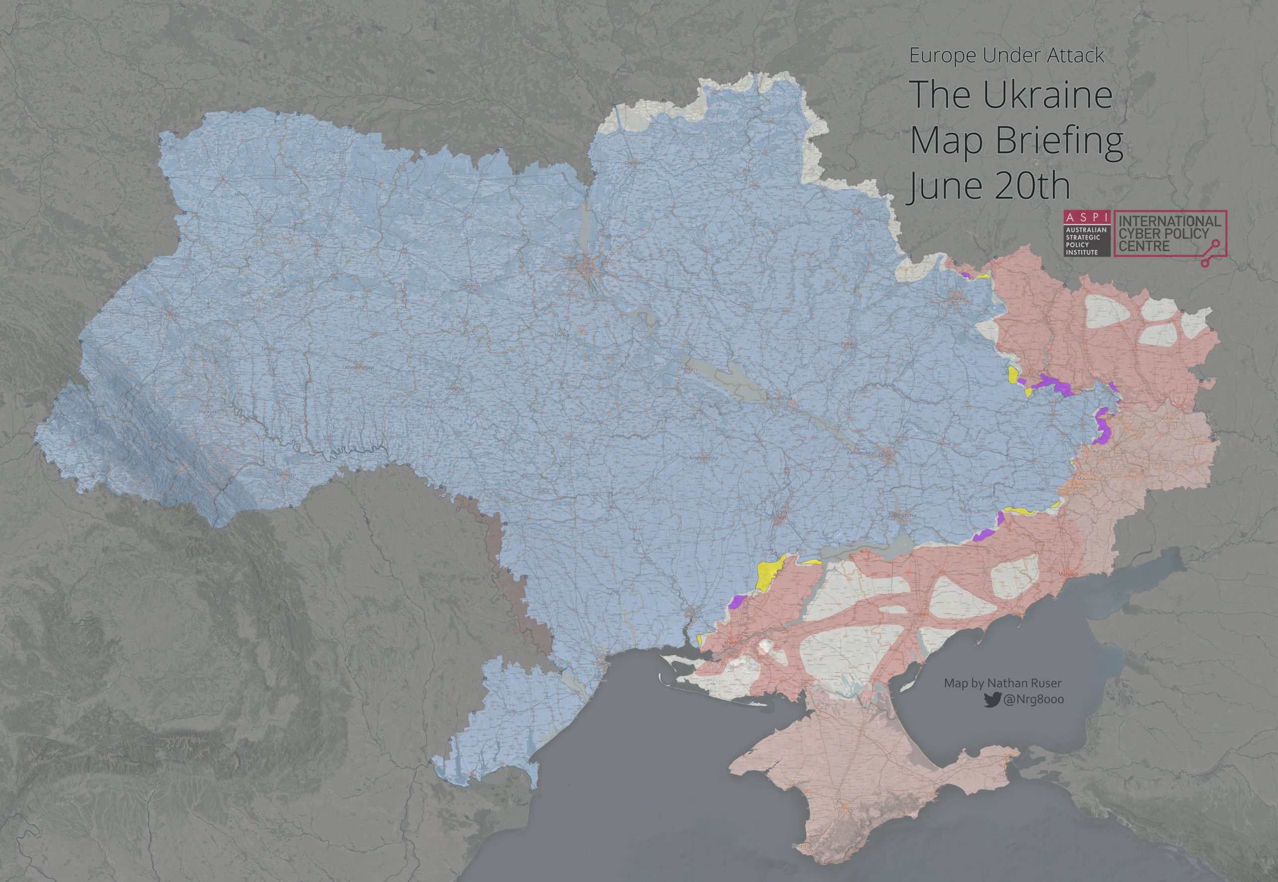 This map shows how little territory has changed hands in Ukraine over the past month. The fighting has shifted to very slow and grinding advances, reliant on artillery more than maneuver. Russian gains are in purple, Ukrainian gains in yellow. Credit: Twitter.com/nrg8000 ~