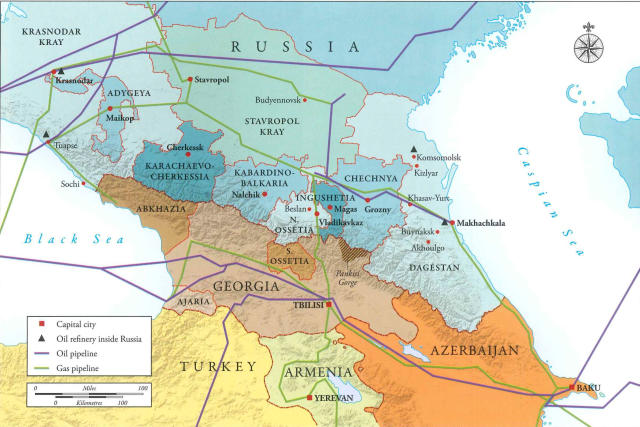 North and South Caucasus with oil and gas pipelines (Source: Mark Galeotti, Russia’s Wars in Chechnya) ~