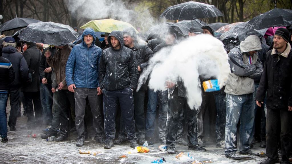 Pro-Russian protesters pelted with flour and eggs in Zaporizhzhia in 2014. Source: National Corps ~