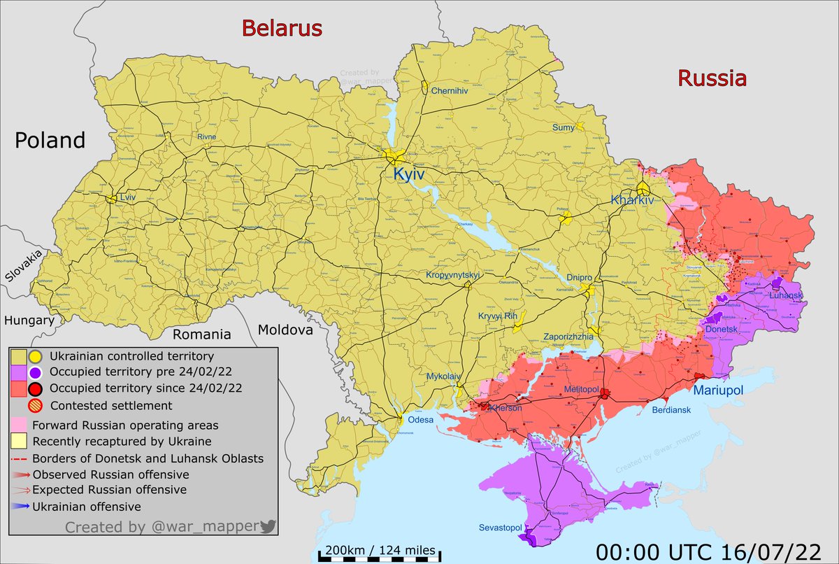 A map of the approximate situation on the ground in Ukraine as of 00:00 UTC 16/07/22. There have been no notable changes to control since the last update. Source. ~