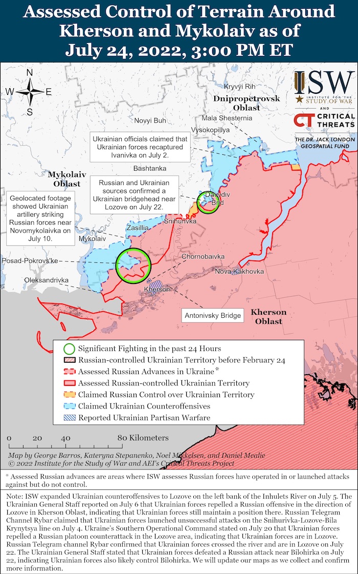 Kherson-Mykolaiv Battle Map, July 24,2022. Source ISW ~