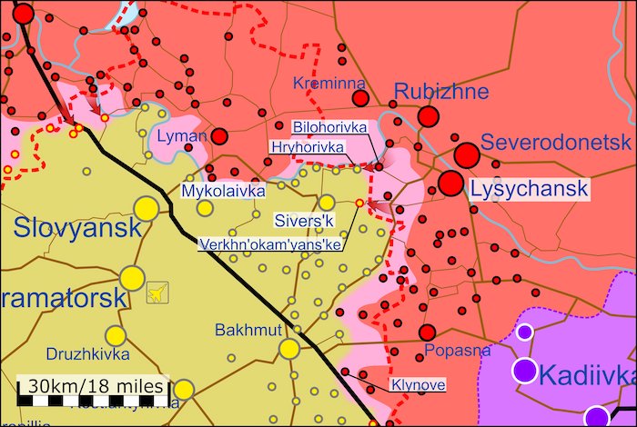 Situation in Donbas. July 5 2022. Credit: Ukraine Mapper. ~