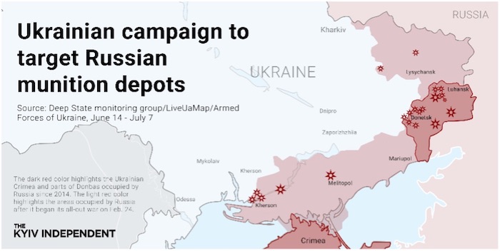 Ukrainian campaign to target Russian munition depots. Source: The Kyiv Independent. ~