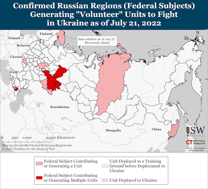 Russian Federal Subjects Generating Volunteer Units As Of July 21, 2022. Source: ISW. ~
