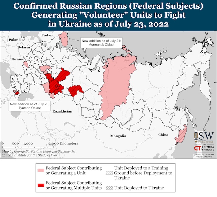 Russian Federal Subjects Generating Volunteer Units As Of July 23, 2022. Source: ISW. ~