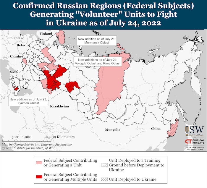 Russian Federal Subjects Generating Volunteer Units As Of July 24, 2022. Source ISW ~