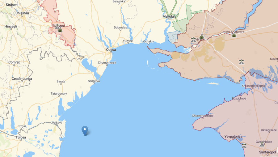 Zmiinyi (Snake) Island (blue marker) off the Black Sea coast of mainland Ukraine. Map: DeepState ~