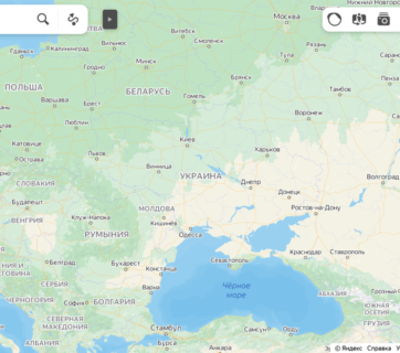 Yandex removed all country borders from its maps. Image: screenshot by Euromaidan Press, July 4, 2022