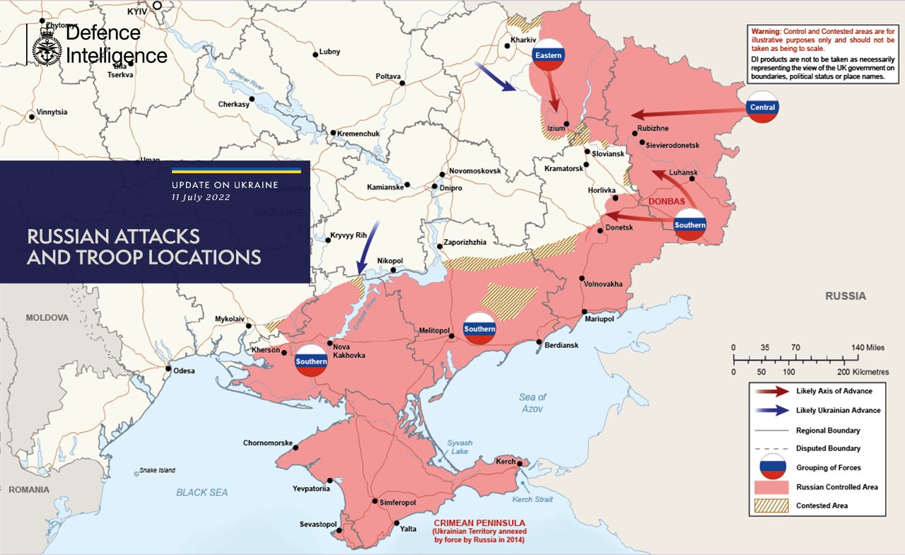 Russian attacks and troop locations. British Intelligence. July 14 2022. ~