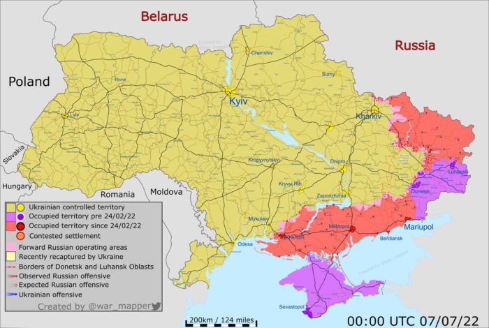 A map of the approximate situation on the ground in Ukraine as of 00:00 UTC 07/07/22. Source ~