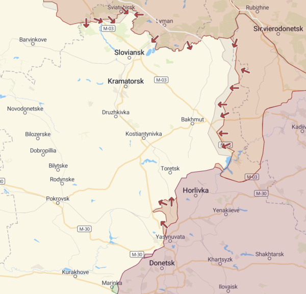 Map of the current situation in Luhansk and Donetsk oblasts. Source. ~