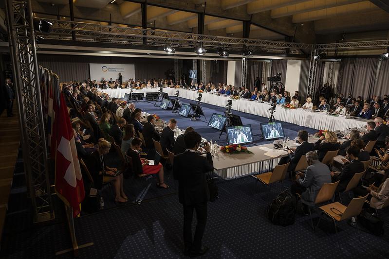 The heads of delegation make their national statements during the Ukraine Recovery Conference URC, on July 5, 2022, in Lugano, Switzerland. Photo: KEYSTONE/EDA/Alessandro della Valle ~