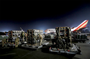 Western weapon supply packed and ready to load onto plane. Delivery of military aid to Ukraine in the war against Russia ~