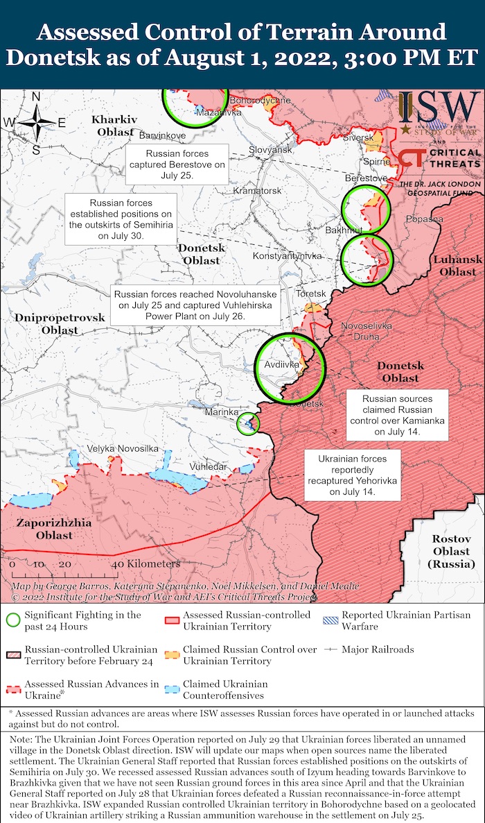 Donetsk Battle Map, August 1, 2022. Source: ISW. ~