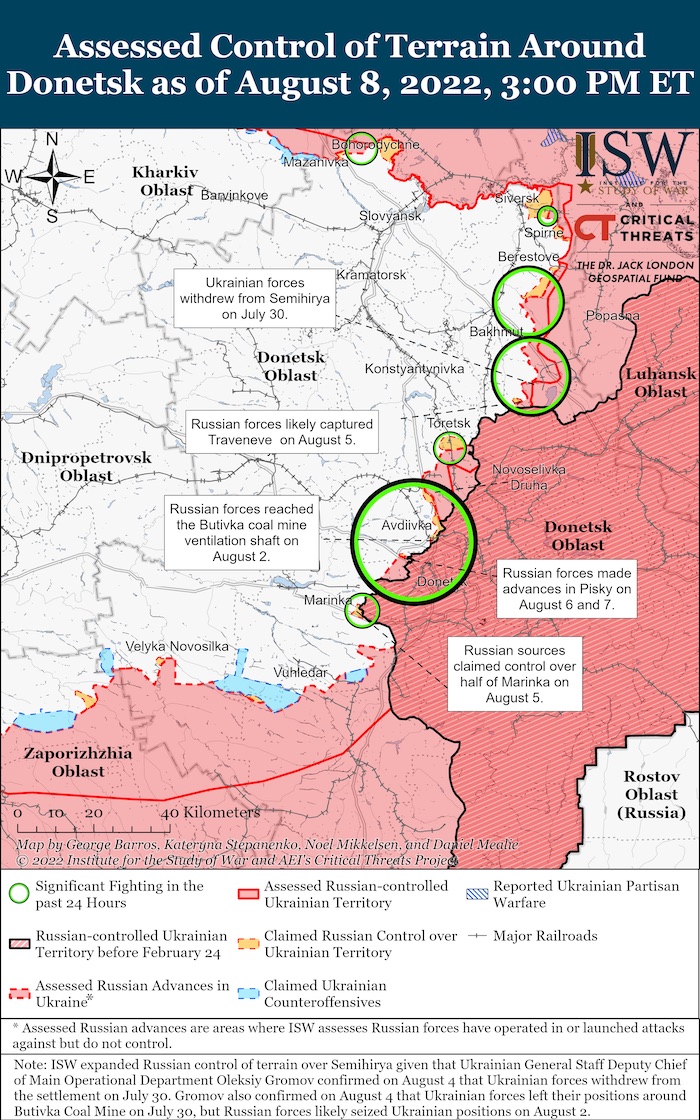 Donetsk Battle Map. August 08,2022. Source: ISW. ~