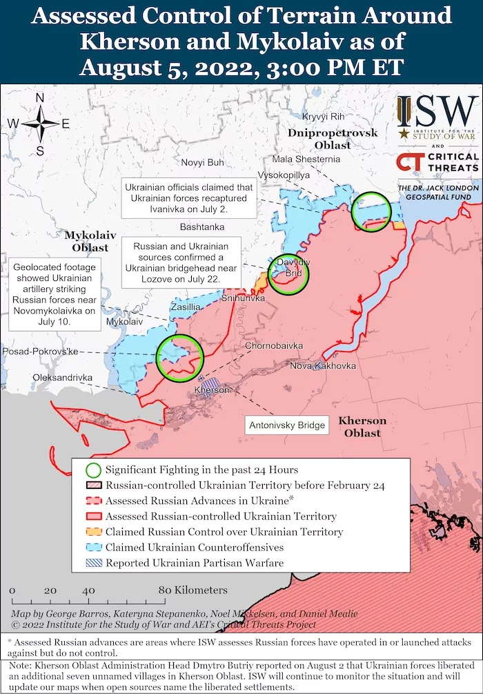 Kherson-Mykolaiv Battle Map. August 05,2022. Source: ISW. ~