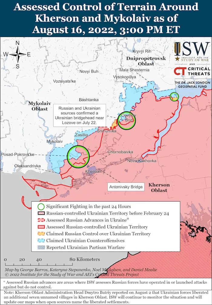 Kherson-Mykolaiv Battle Map. August 16, 2022. Source: ISW. ~
