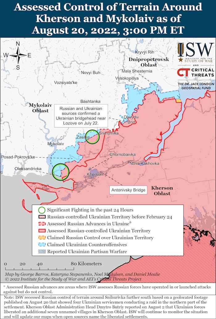 Kherson-Mykolaiv Battle Map. August 20, 2022. Source: ISW. ~