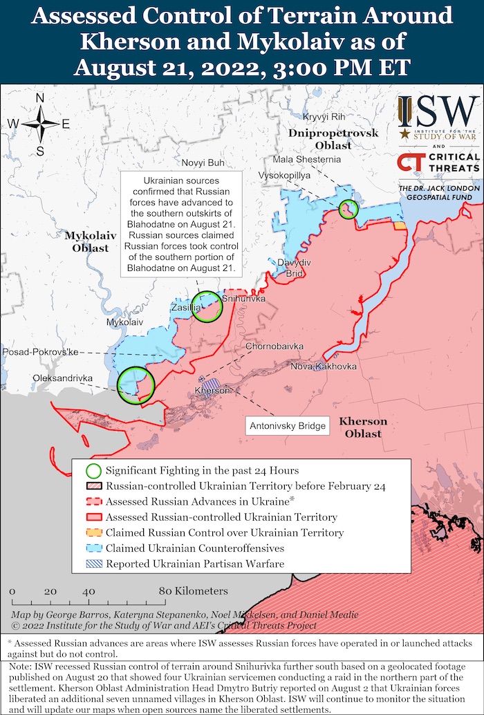 Kherson-Mykolaiv Battle Map. August 21, 2022. Source: ISW. ~