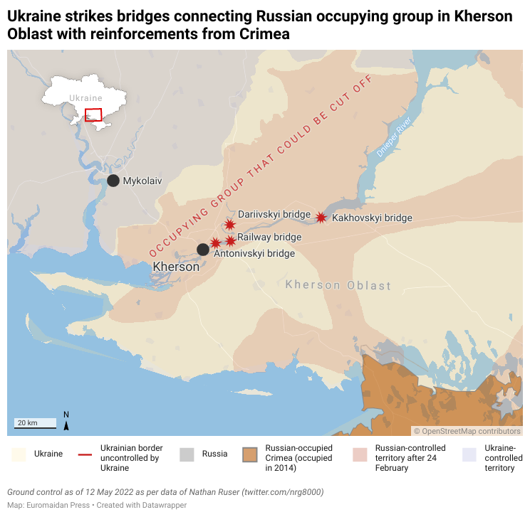 Ukraine renders all bridges in Kherson Oblast inoperable for occupiers' heavy equipment. Map by Euromaidan Press