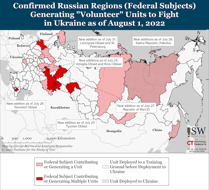 Russian Federal Subjects Generating Volunteer Units As Of August 1, 2022. Source: ISW. ~
