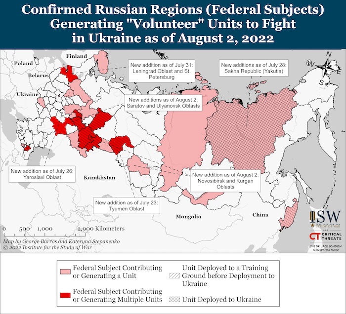 Russian Federal Subjects Generating Volunteer Units As Of August 2, 2022. Source: ISW. ~