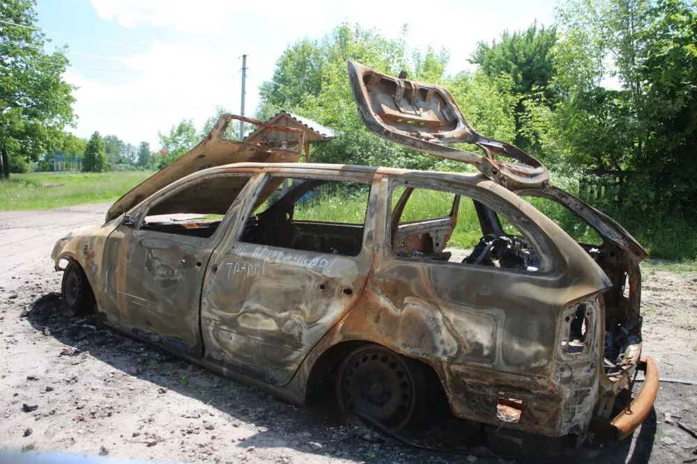 Burnt out car from Russian bombings in Ukraine