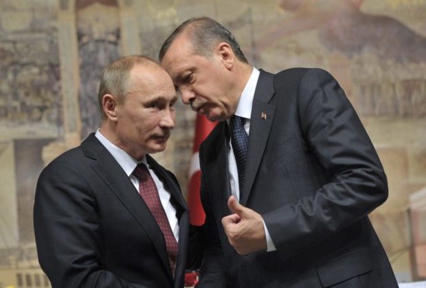 President of Turkey, Erdogan whispers into Russian Dictator Putin's ear