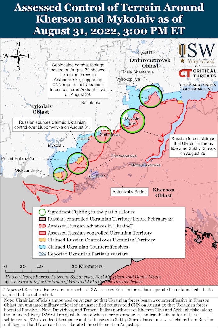 Kherson-Mykolaiv Battle Map. August 31, 2022. Source: ISW. ~