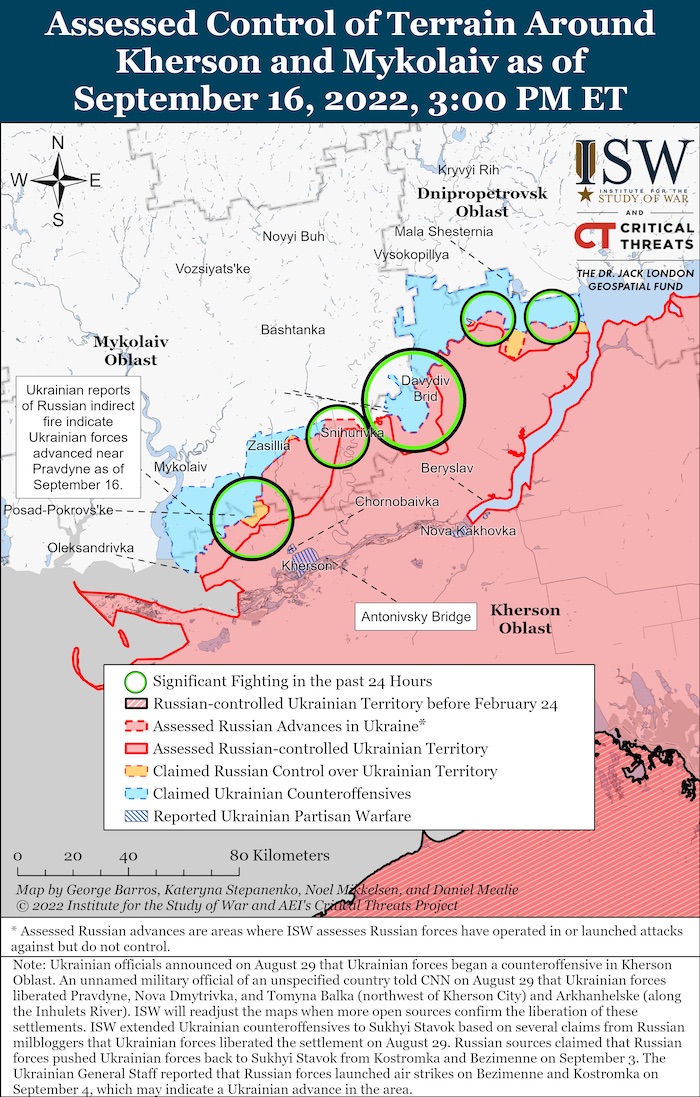 Kherson-Mykolaiv Battle Map. September 16, 2022. Source: ISW. ~