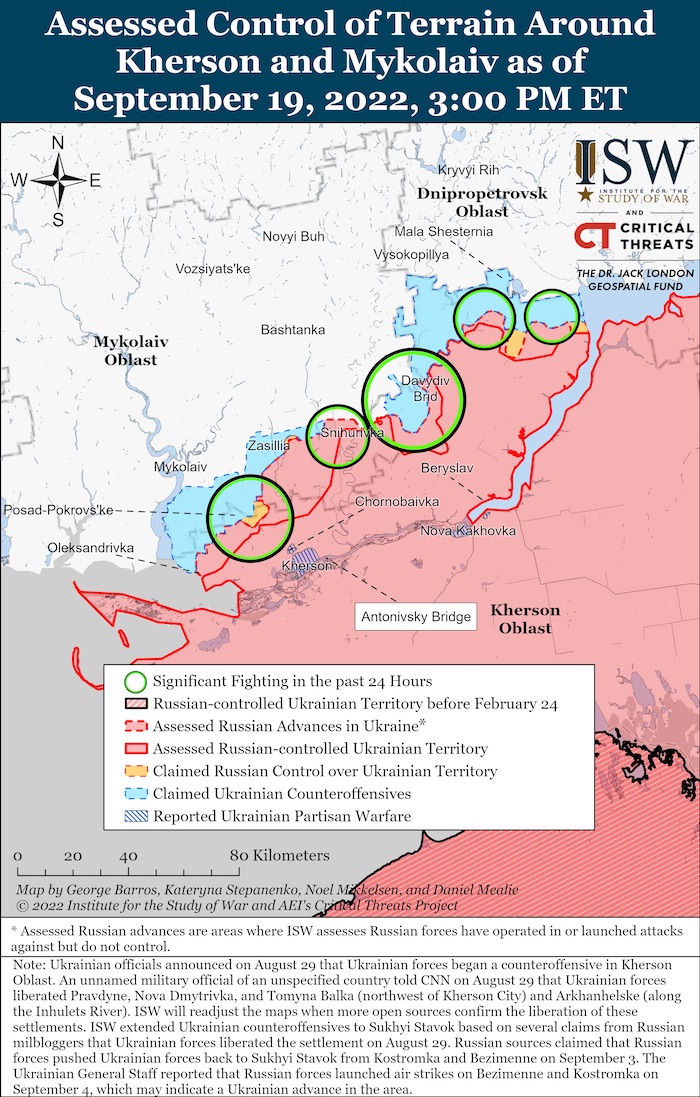 Kherson-Mykolaiv Battle Map. September 19, 2022. Source: ISW. ~