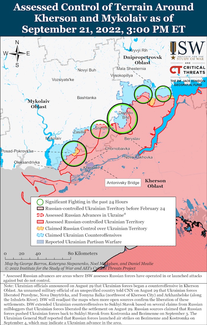Kherson-Mykolaiv Battle Map. September 21, 2022. Source: ISW. ~