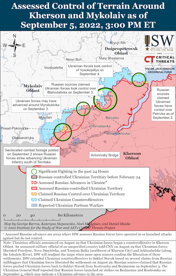 Kherson-Mykolaiv Battle Map. September 5, 2022. Source: ISW. ~