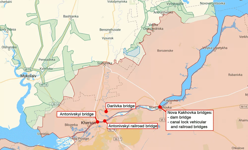 Key bridges in the Russian-occupied part of Kherson Oblast. Map: Euromaidan Press, based on the DeepState map (the frontline status is shown as of 21 Sep 2022). ~