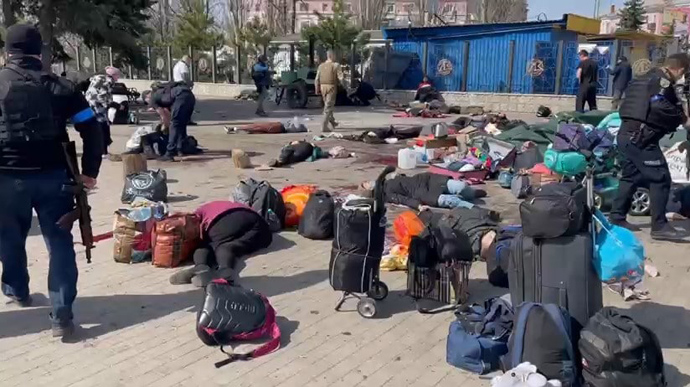 A Russian missile strike at the Kramatorsk train station, depicting Russian War Crimes