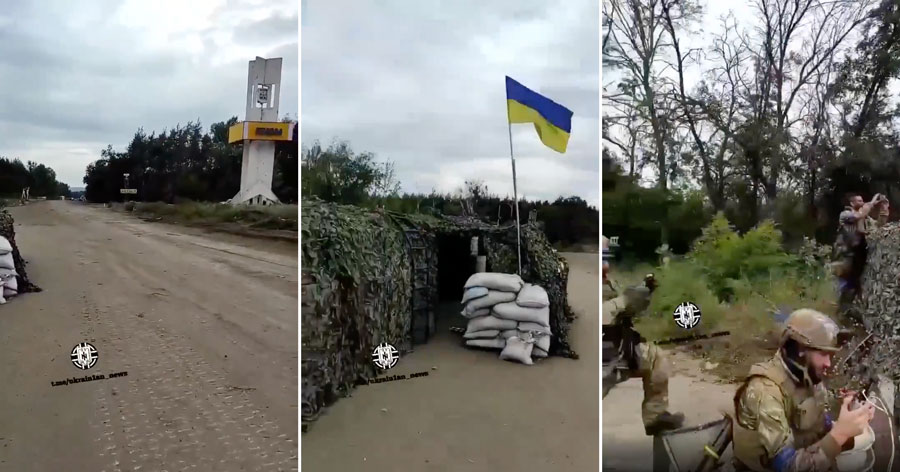 Ukrainian troops near the city sign of Izium. Screenshots from a video. ~