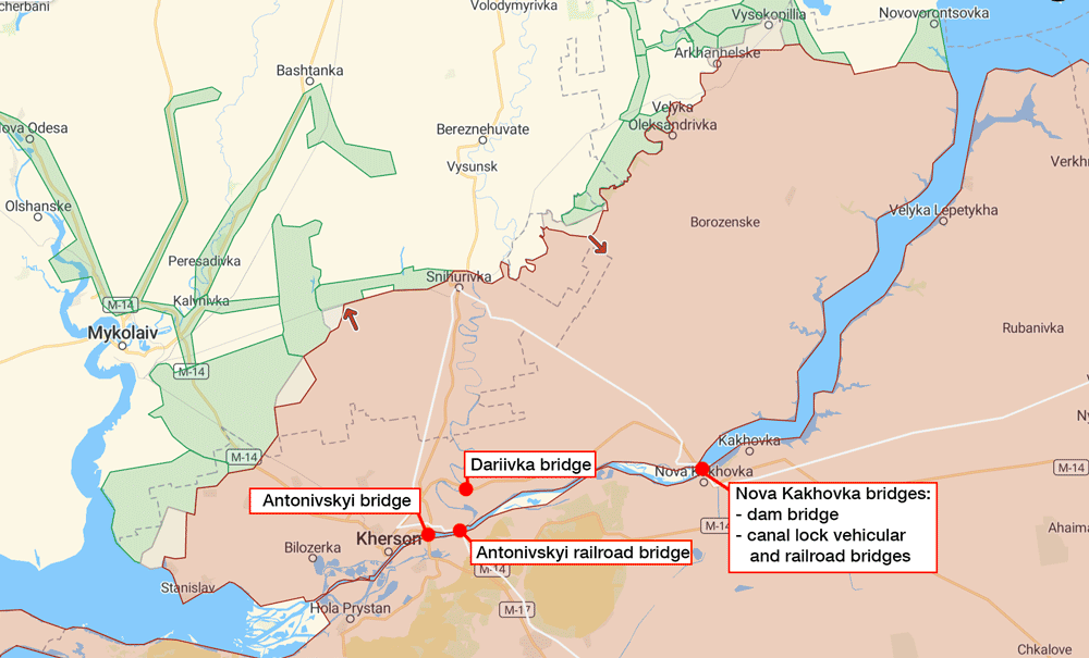 Key bridges in Kherson Oblast. Map: Euromaidan Press, based on the DeepState map. ~