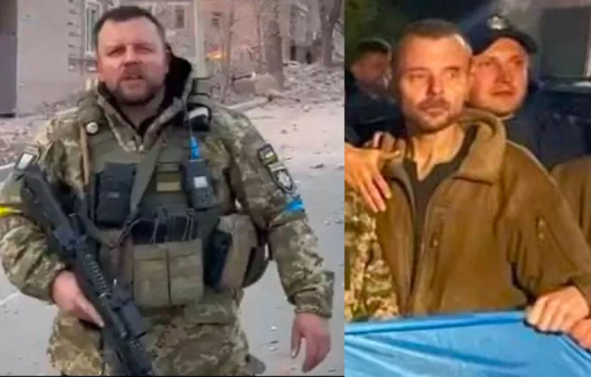 Mariupol Patrol Police Chief Mykhailo Vershynin during the battle of Mariupol (left) and after his release from the Russian captivity on 21 September 2022. ~